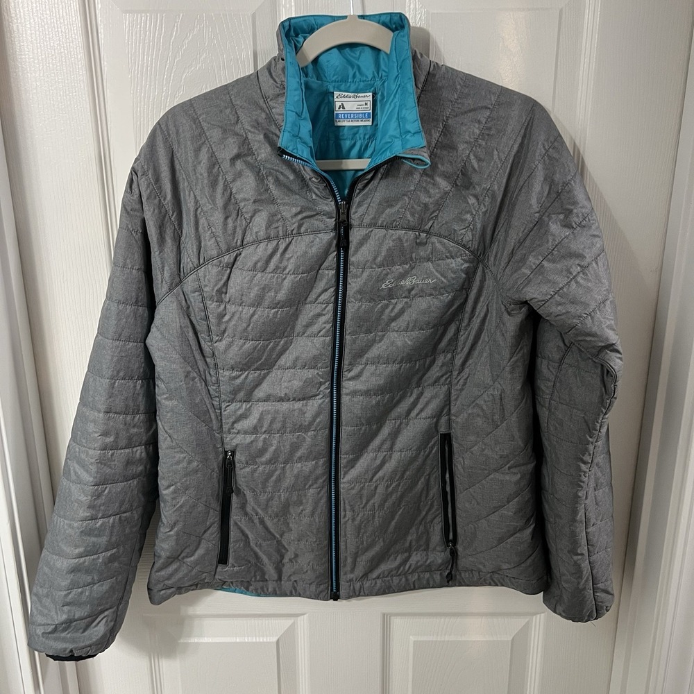 Eddie Bauer Women's First Ascent Reversible Puffer Jacket Turquoise Blue/Gray